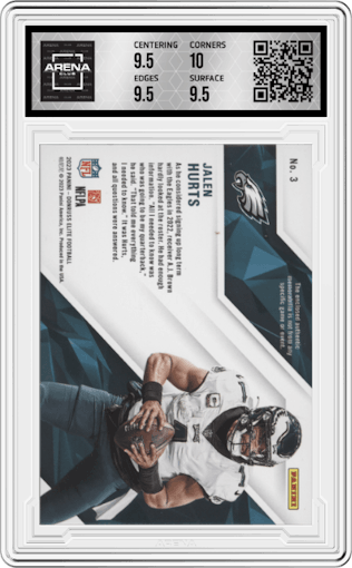Jalen Hurts from the 2023 Panini Donruss Elite set graded by Arena Club and given an overall grade of 10.