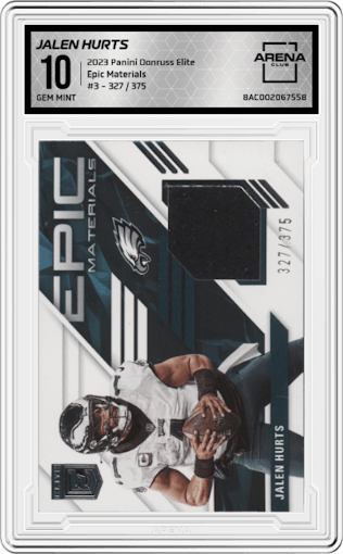 Jalen Hurts from the 2023 Panini Donruss Elite set graded by Arena Club and given an overall grade of 10.