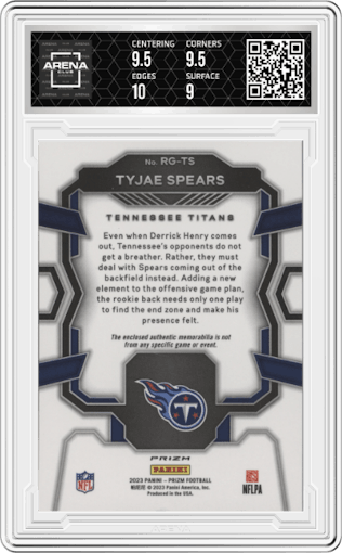 Tyjae Spears from the 2023 Panini Prizm set graded by Arena Club and given an overall grade of 9.5.