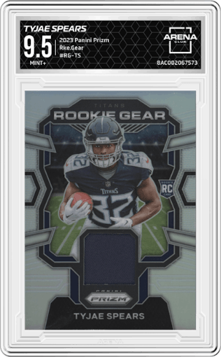 Tyjae Spears from the 2023 Panini Prizm set graded by Arena Club and given an overall grade of 9.5.