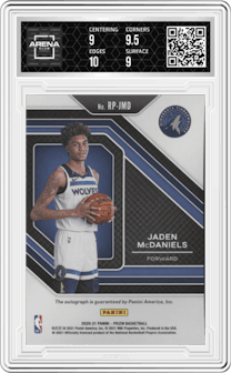 Jaden McDaniels from the 2020-21 Panini Prizm set graded by Arena Club and given an overall grade of 9.5.