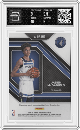 Jaden McDaniels from the 2020-21 Panini Prizm set graded by Arena Club and given an overall grade of 9.5.