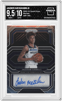 Jaden McDaniels from the 2020-21 Panini Prizm set graded by Arena Club and given an overall grade of 9.5.