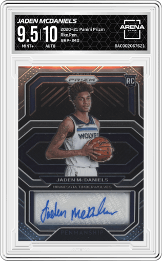 Jaden McDaniels from the 2020-21 Panini Prizm set graded by Arena Club and given an overall grade of 9.5.