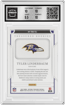 Tyler Linderbaum from the 2022 Panini National Treasures set graded by Arena Club and given an overall grade of 10.