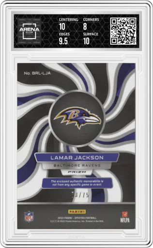 Lamar Jackson from the 2022 Panini Spectra set featuring a Hyper parallel graded by Arena Club and given an overall grade of 8.5.