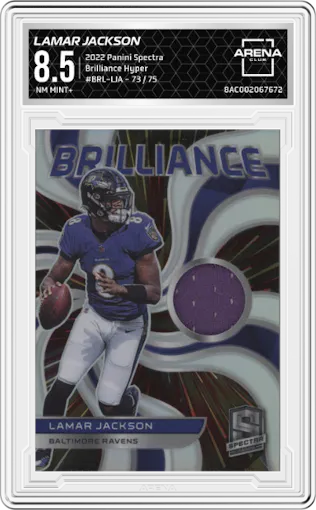 Lamar Jackson from the 2022 Panini Spectra set featuring a Hyper parallel graded by Arena Club and given an overall grade of 8.5.