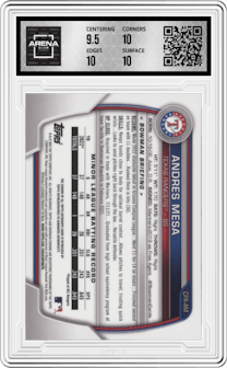 Andres Mesa from the 2023 Bowman  set graded by Arena Club and given an overall grade of 10.