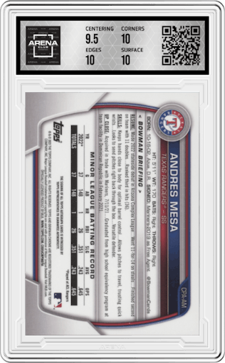 Andres Mesa from the 2023 Bowman  set graded by Arena Club and given an overall grade of 10.