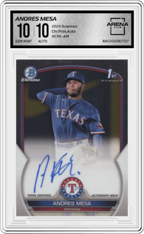 Andres Mesa from the 2023 Bowman  set graded by Arena Club and given an overall grade of 10.