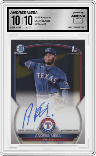 Andres Mesa from the 2023 Bowman  set graded by Arena Club and given an overall grade of 10.