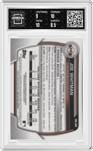 Joe Whitman from the 2023 Bowman Draft set graded by Arena Club and given an overall grade of 9.