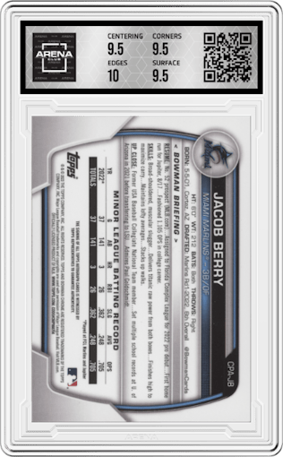 Jacob Berry from the 2023 Bowman  set graded by Arena Club and given an overall grade of 10.