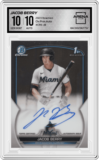 Jacob Berry from the 2023 Bowman  set graded by Arena Club and given an overall grade of 10.