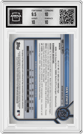 Ian Lewis  from the 2022 Bowman Chrome set featuring a Refractor parallel graded by Arena Club and given an overall grade of 10.