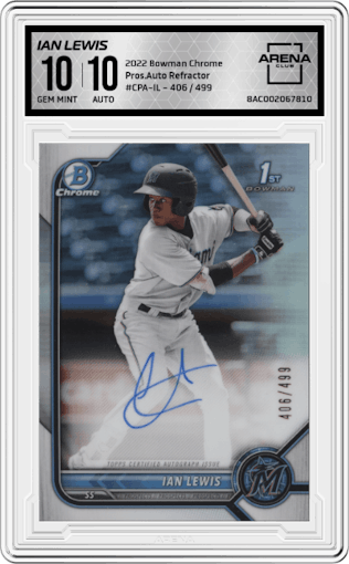 Ian Lewis  from the 2022 Bowman Chrome set featuring a Refractor parallel graded by Arena Club and given an overall grade of 10.