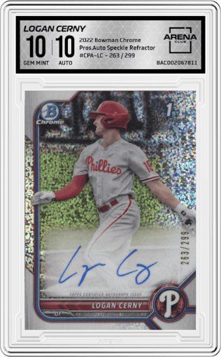 Logan Cerny from the 2022 Bowman Chrome set featuring a Speckle Refractor parallel graded by Arena Club and given an overall grade of 10.