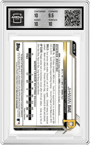 Ji-Hwan Bae from the 2021 Bowman Sapphire Edition set graded by Arena Club and given an overall grade of 10.