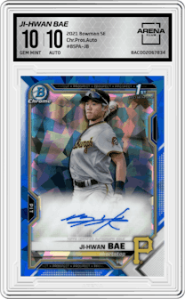 Ji-Hwan Bae from the 2021 Bowman Sapphire Edition set graded by Arena Club and given an overall grade of 10.