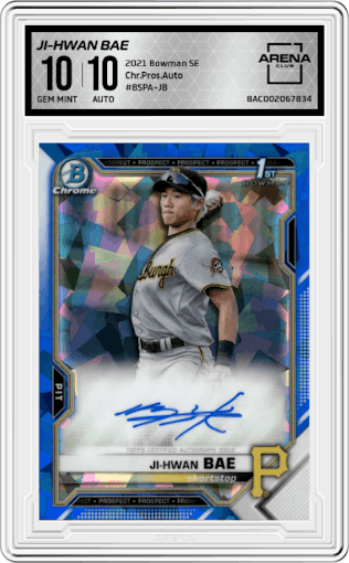 Ji-Hwan Bae from the 2021 Bowman Sapphire Edition set graded by Arena Club and given an overall grade of 10.