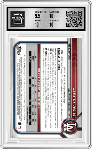 Alex De Jesus from the 2022 Bowman Chrome set featuring a Speckle Refractor parallel graded by Arena Club and given an overall grade of 10.