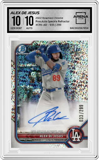 Alex De Jesus from the 2022 Bowman Chrome set featuring a Speckle Refractor parallel graded by Arena Club and given an overall grade of 10.