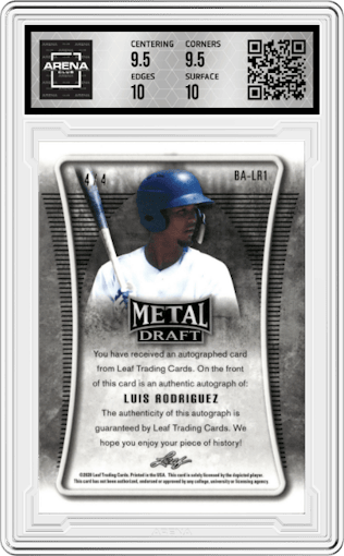 Luis Rodriguez from the 2020 Leaf Metal Draft set featuring a Orange Wave parallel graded by Arena Club and given an overall grade of 10.