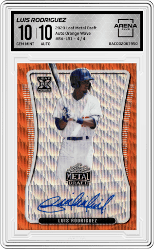Luis Rodriguez from the 2020 Leaf Metal Draft set featuring a Orange Wave parallel graded by Arena Club and given an overall grade of 10.