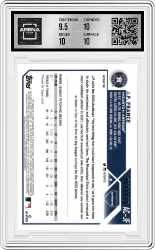 J.P. France from the 2023 Topps Chrome Update set featuring a Refractor parallel graded by Arena Club and given an overall grade of 10.