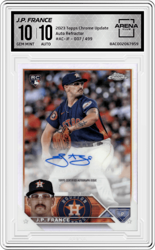 J.P. France from the 2023 Topps Chrome Update set featuring a Refractor parallel graded by Arena Club and given an overall grade of 10.