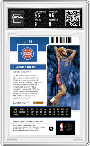 Isaiah Livers from the 2021-22 Panini Contenders  set featuring a Playoff Ticket parallel graded by Arena Club and given an overall grade of 9.5.