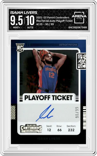 Isaiah Livers from the 2021-22 Panini Contenders  set featuring a Playoff Ticket parallel graded by Arena Club and given an overall grade of 9.5.