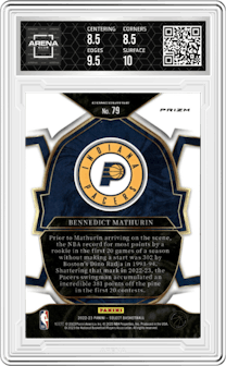 Benedict Mathurin from the 2022-23 Panini Select set featuring a Silver Prizm parallel graded by Arena Club and given an overall grade of 9.