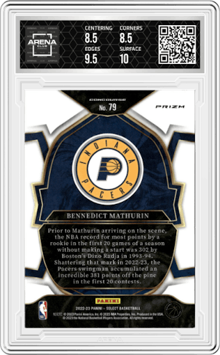 Benedict Mathurin from the 2022-23 Panini Select set featuring a Silver Prizm parallel graded by Arena Club and given an overall grade of 9.