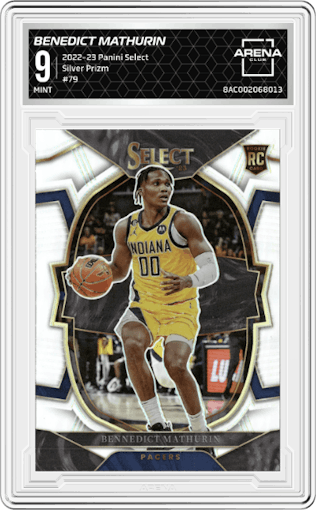 Benedict Mathurin from the 2022-23 Panini Select set featuring a Silver Prizm parallel graded by Arena Club and given an overall grade of 9.