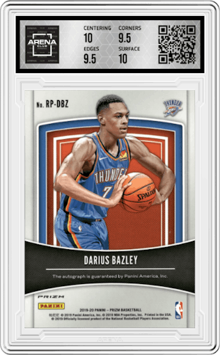 Darius Bazley from the 2019-20 Panini Prizm set featuring a Orange Ice Prizm parallel graded by Arena Club and given an overall grade of 10.