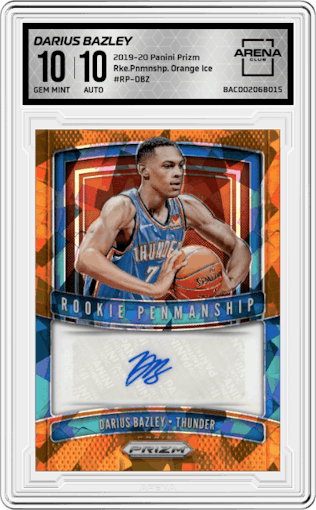 Darius Bazley from the 2019-20 Panini Prizm set featuring a Orange Ice Prizm parallel graded by Arena Club and given an overall grade of 10.