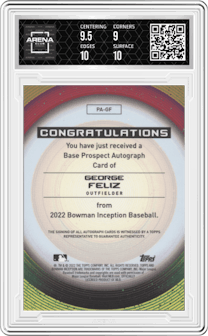 George Feliz from the 2022 Bowman Inception set featuring a Gold Foil parallel graded by Arena Club and given an overall grade of 9.5.