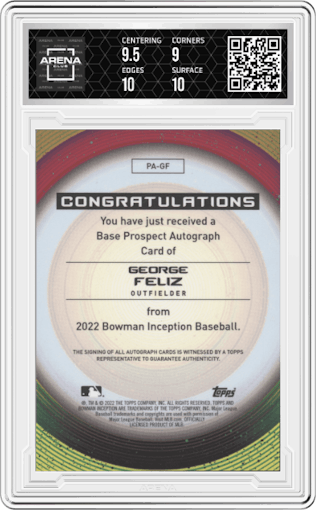 George Feliz from the 2022 Bowman Inception set featuring a Gold Foil parallel graded by Arena Club and given an overall grade of 9.5.