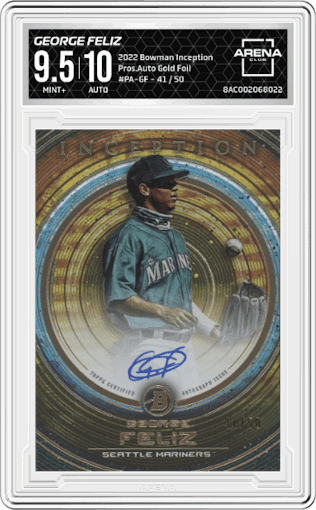 George Feliz from the 2022 Bowman Inception set featuring a Gold Foil parallel graded by Arena Club and given an overall grade of 9.5.