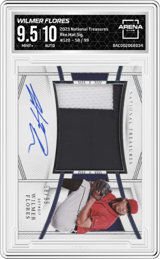 Wilmer Flores from the 2023 Panini National Treasures set graded by Arena Club and given an overall grade of 9.5.