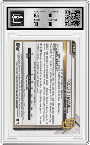 Robert Hassell from the 2021 Bowman set featuring a Purple Refractor parallel graded by Arena Club and given an overall grade of 10.