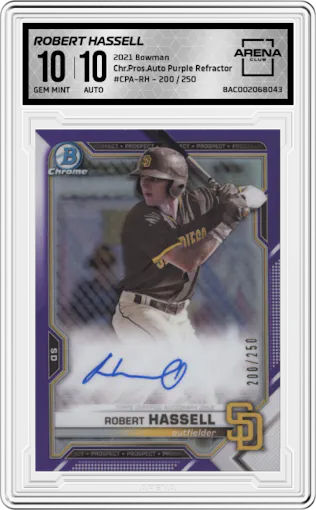 Robert Hassell from the 2021 Bowman set featuring a Purple Refractor parallel graded by Arena Club and given an overall grade of 10.