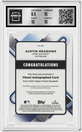 Austin Meadows from the 2022 Topps Finest set featuring a Green Wave Refractor parallel graded by Arena Club and given an overall grade of 10.