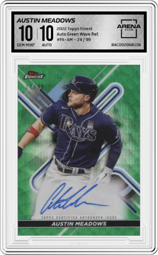 Austin Meadows from the 2022 Topps Finest set featuring a Green Wave Refractor parallel graded by Arena Club and given an overall grade of 10.