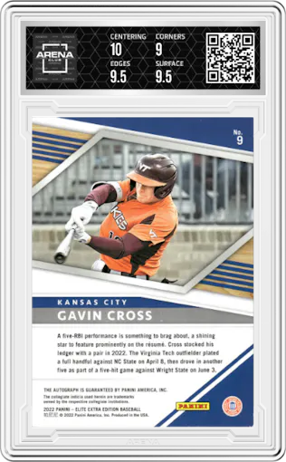 Gavin Cross from the 2022 Panini Elite Extra Edition set graded by Arena Club and given an overall grade of 9.5.