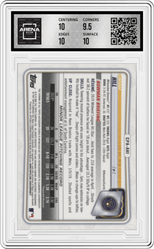 Adam Hill from the 2020 Bowman Chrome Ultimate set featuring a Speckle Refractor parallel graded by Arena Club and given an overall grade of 10.