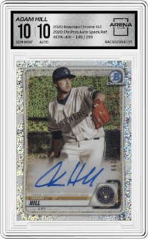 Adam Hill from the 2020 Bowman Chrome Ultimate set featuring a Speckle Refractor parallel graded by Arena Club and given an overall grade of 10.