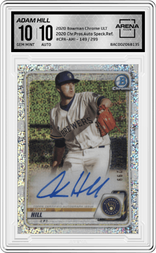 Adam Hill from the 2020 Bowman Chrome Ultimate set featuring a Speckle Refractor parallel graded by Arena Club and given an overall grade of 10.