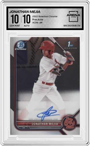 Jonathan Mejia  from the 2022 Bowman Chrome set graded by Arena Club and given an overall grade of 10.